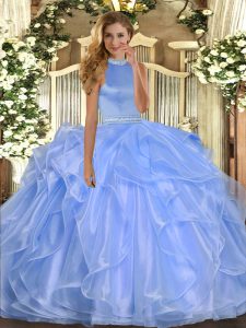 Classical Blue Halter Top Backless Beading and Ruffles Sweet 16 Quinceanera Dress Sleeveless