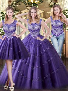 Shining Purple Tulle Lace Up Sweet 16 Dresses Sleeveless Floor Length Beading