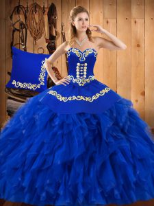 Blue Satin and Organza Lace Up Sweetheart Sleeveless Floor Length 15th Birthday Dress Embroidery and Ruffles