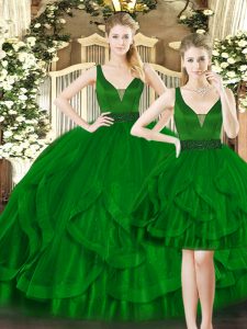 Luxury Dark Green Ball Gowns Beading and Ruffles 15 Quinceanera Dress Lace Up Tulle Sleeveless Floor Length