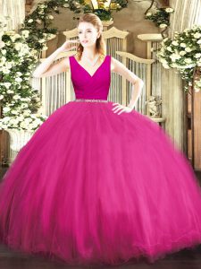 Fuchsia Ball Gowns Beading Ball Gown Prom Dress Zipper Tulle Sleeveless Floor Length