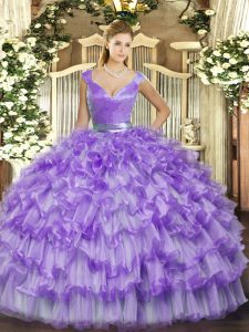 Graceful Floor Length Lavender 15 Quinceanera Dress Organza Sleeveless Ruffled Layers