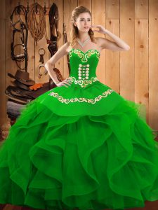 High End Green Ball Gowns Organza Sweetheart Sleeveless Embroidery and Ruffles Floor Length Lace Up Sweet 16 Dress