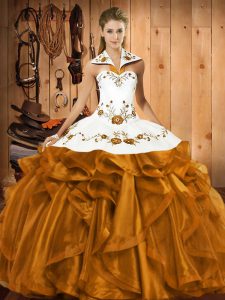 Glorious Floor Length Lace Up Ball Gown Prom Dress Brown for Military Ball and Sweet 16 and Quinceanera with Embroidery and Ruffles