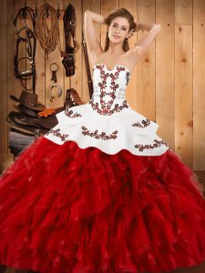 Wine Red Sleeveless Floor Length Embroidery and Ruffles Lace Up Quinceanera Gowns