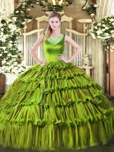 Olive Green Ball Gowns Beading and Ruffled Layers Quinceanera Dresses Side Zipper Organza Sleeveless Floor Length