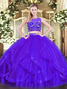Free and Easy Purple Quinceanera Dress Military Ball and Sweet 16 and Quinceanera with Beading and Ruffles Scoop Sleeveless Zipper