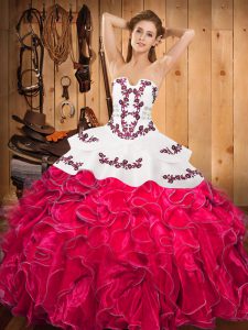 Modest Hot Pink Satin and Organza Lace Up Strapless Sleeveless Floor Length Sweet 16 Dress Embroidery and Ruffles