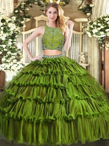 Fashionable Sleeveless Floor Length Beading and Ruffled Layers Zipper 15th Birthday Dress with Olive Green