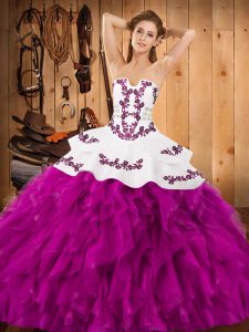 Fuchsia Satin and Organza Lace Up Ball Gown Prom Dress Sleeveless Floor Length Embroidery and Ruffles