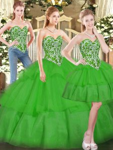 Sweetheart Sleeveless Quinceanera Dresses Floor Length Beading and Ruffled Layers Green Tulle