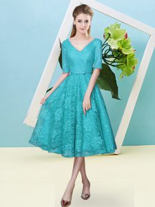 Tea Length Teal Quinceanera Court Dresses V-neck Half Sleeves Lace Up