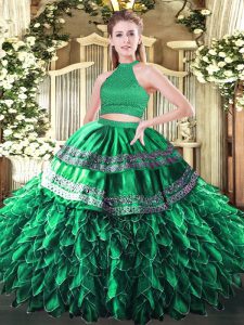 Sumptuous Dark Green Backless Sweet 16 Dresses Beading and Embroidery and Ruffles Sleeveless Floor Length