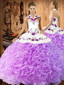 Best Lilac Ball Gowns Fabric With Rolling Flowers Halter Top Sleeveless Embroidery Floor Length Lace Up Vestidos de Quinceanera