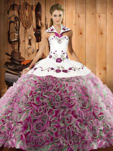 Customized Halter Top Sleeveless 15th Birthday Dress Sweep Train Embroidery Multi-color Fabric With Rolling Flowers