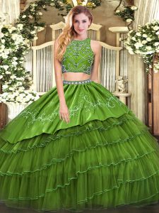 Sleeveless Floor Length Beading and Embroidery and Ruffled Layers Zipper Quinceanera Gowns with Olive Green