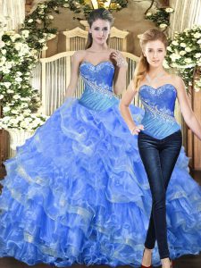 Spectacular Baby Blue Tulle Lace Up Sweetheart Sleeveless Floor Length Sweet 16 Dress Beading and Ruffles
