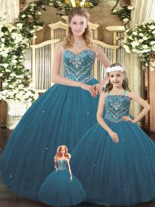 Trendy Floor Length Teal Quinceanera Gowns Sweetheart Sleeveless Lace Up
