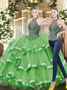 Dynamic Floor Length Green Quinceanera Gowns Organza Sleeveless Beading and Ruffled Layers