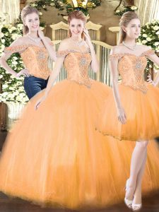 High Class Organza Off The Shoulder Sleeveless Lace Up Beading and Ruffles Quinceanera Gown in Orange Red