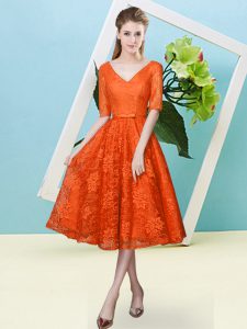 Comfortable Tea Length Orange Red Quinceanera Court Dresses Lace Half Sleeves Bowknot