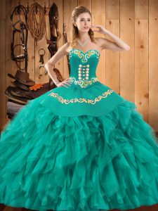 Fabulous Turquoise Sweetheart Neckline Embroidery and Ruffles Quinceanera Gown Sleeveless Lace Up