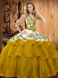 Gold Ball Gowns Organza Sweetheart Sleeveless Embroidery Lace Up Quinceanera Dresses Sweep Train