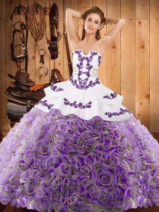 Multi-color Ball Gowns Strapless Sleeveless Satin and Fabric With Rolling Flowers With Train Sweep Train Lace Up Embroidery Sweet 16 Quinceanera Dress