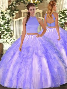 Halter Top Sleeveless Organza Quinceanera Gown Beading and Ruffles Backless