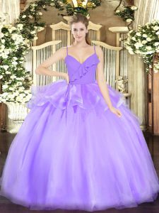 Latest Floor Length Lavender Quince Ball Gowns Organza Sleeveless Ruffles