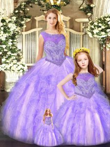 Gorgeous Lavender Lace Up 15th Birthday Dress Beading and Ruffles Sleeveless Floor Length