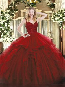 Luxurious Wine Red Ball Gowns Organza V-neck Sleeveless Beading and Lace and Ruffles Floor Length Backless Quinceanera Dress