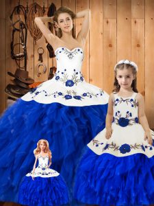 Blue And White Sleeveless Satin and Organza Lace Up Quinceanera Gown for Military Ball and Sweet 16 and Quinceanera