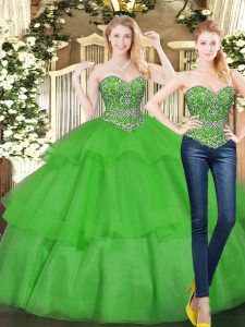 Graceful Green Organza Lace Up Sweet 16 Quinceanera Dress Sleeveless Floor Length Beading and Ruffled Layers