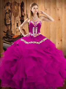 Dramatic Fuchsia Ball Gowns Satin and Organza Sweetheart Sleeveless Embroidery and Ruffles Floor Length Lace Up 15th Birthday Dress