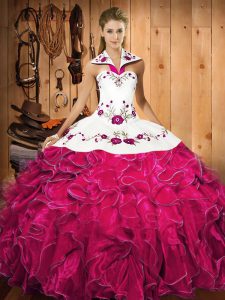 Fuchsia Ball Gowns Halter Top Sleeveless Satin and Organza Floor Length Lace Up Embroidery and Ruffles Quinceanera Gown
