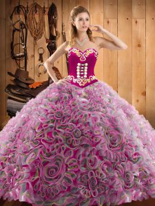 Custom Fit Multi-color Ball Gowns Embroidery Vestidos de Quinceanera Lace Up Satin and Fabric With Rolling Flowers Sleeveless With Train