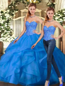 Blue Organza Lace Up Sweetheart Sleeveless Floor Length Sweet 16 Quinceanera Dress Beading and Ruffles