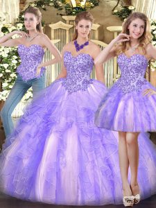 Trendy Lavender Zipper Sweetheart Appliques and Ruffles Quinceanera Gown Organza Sleeveless