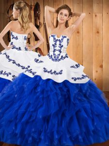 Floor Length Lace Up Ball Gown Prom Dress Royal Blue for Military Ball and Sweet 16 and Quinceanera with Embroidery and Ruffles