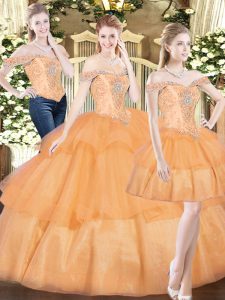 Orange Red Off The Shoulder Lace Up Beading and Ruffled Layers Sweet 16 Dresses Sleeveless