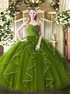 Perfect Olive Green Ball Gowns Organza Straps Sleeveless Ruffles Floor Length Zipper Quinceanera Dress