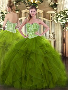 Most Popular Olive Green Lace Up Sweet 16 Dress Beading and Ruffles Sleeveless Floor Length