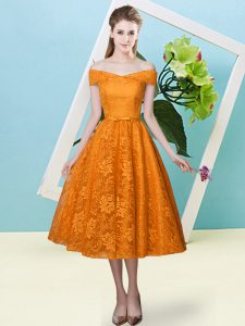 Lace Off The Shoulder Cap Sleeves Lace Up Bowknot Quinceanera Court of Honor Dress in Orange Red