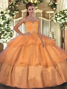 Fitting Orange Ball Gowns Organza Sweetheart Sleeveless Beading and Ruffled Layers Floor Length Lace Up Quinceanera Dress