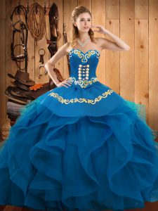 Trendy Blue Sleeveless Floor Length Embroidery and Ruffles Lace Up Quinceanera Gown