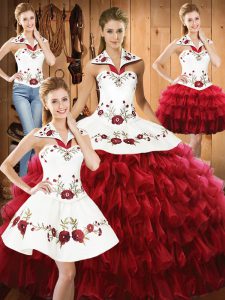 Latest Wine Red Organza Lace Up Halter Top Sleeveless Floor Length Quinceanera Gown Embroidery and Ruffled Layers