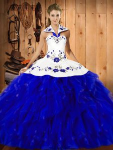 Satin and Organza Halter Top Sleeveless Lace Up Embroidery and Ruffles 15 Quinceanera Dress in Blue And White