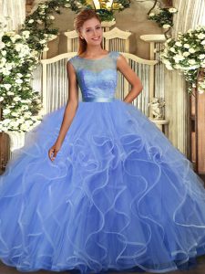 Pretty Scoop Sleeveless 15 Quinceanera Dress Floor Length Lace and Ruffles Blue Tulle