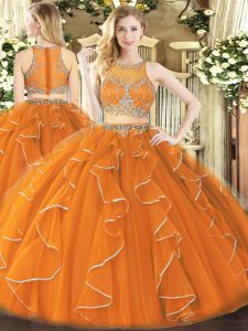 Customized Sleeveless Organza Floor Length Zipper Sweet 16 Dresses in Orange with Beading and Ruffles